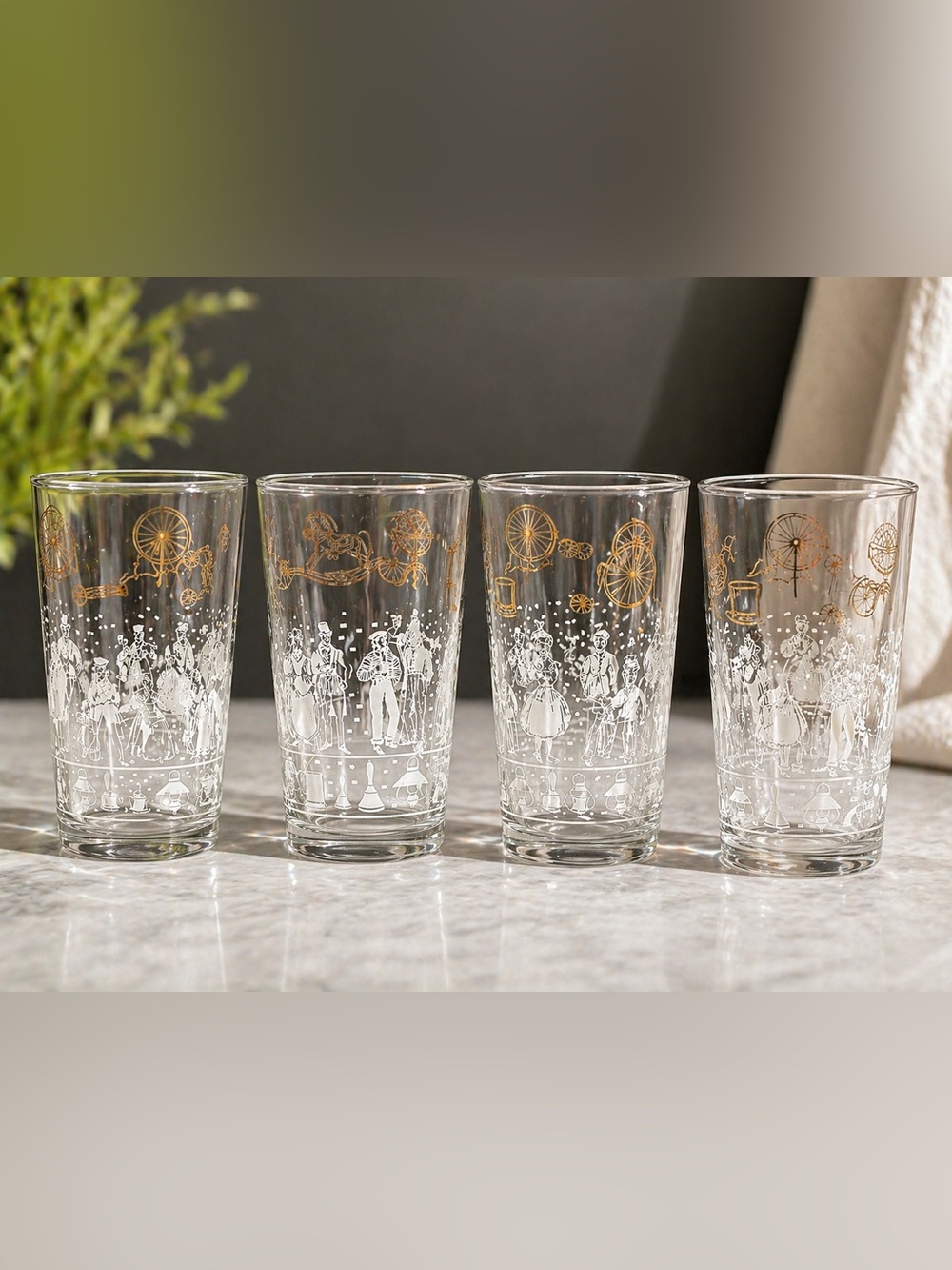 Vintage Victorian Scene Glasses Set of 4 | Gold & White Etched Tumblers